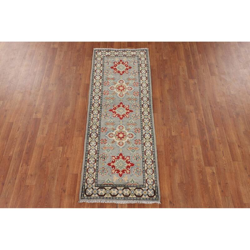 Geometric Kazak Oriental Runner Rug Hand-Knotted Wool Carpet - 2'1" x 5'9"