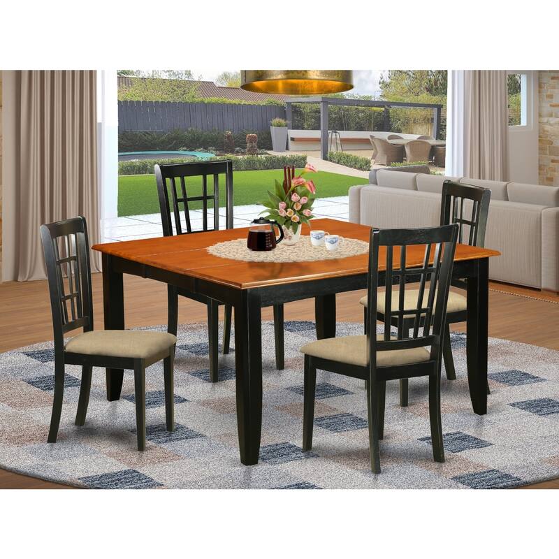 HomeStock 5-Piece Square Black and Cherry Finish Solid Wood Top Dining Table with 4 Chairs with Lattice Back