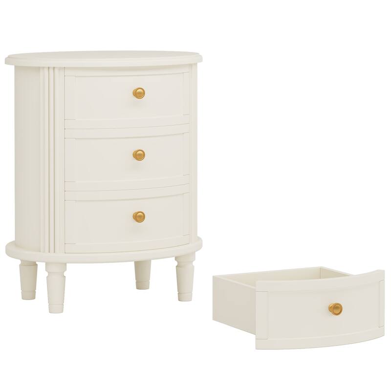 20" Oval Nightstand with 3 Drawers, Beige White