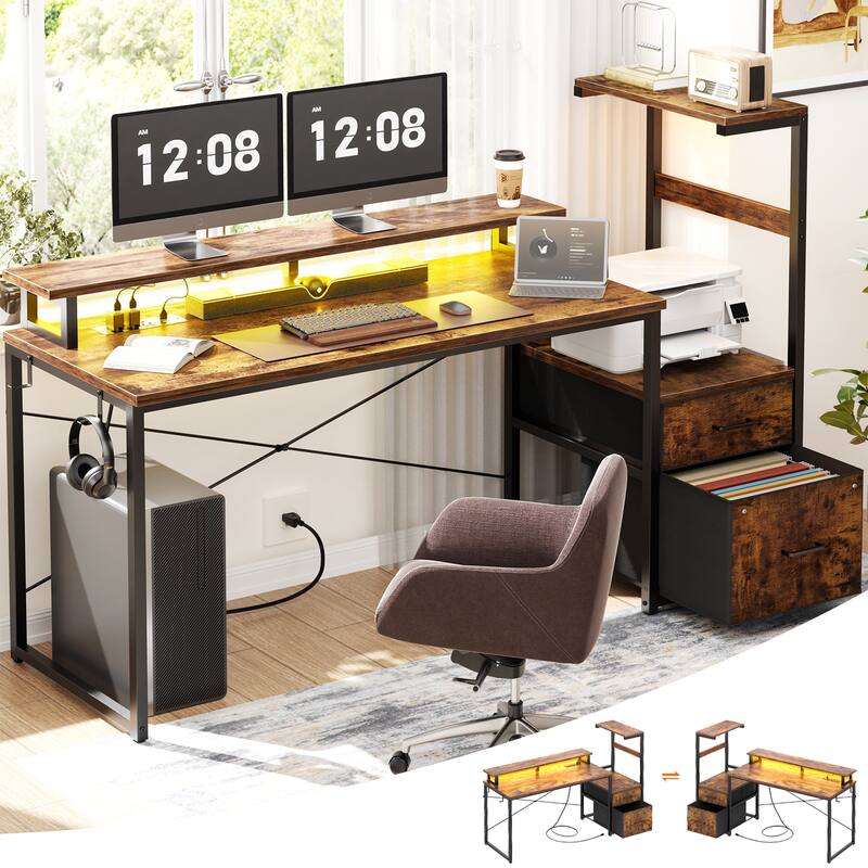 60'' Reversible Gaming Desk with Monitor Stand & Fabric Drawers，Home Office Computer Desk with RGB LED Strip & Power Outlets