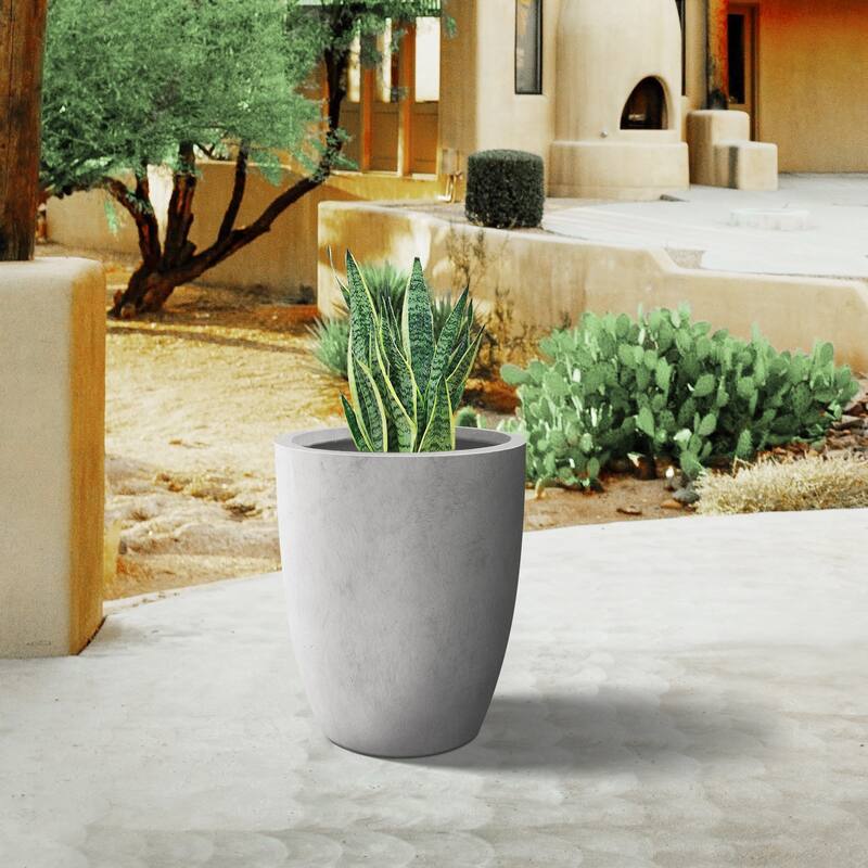 Plantara 18" H Raw Concrete Round Flower pot, Modern planter with Drainage Hole, Outdoor Plant pot for Garden