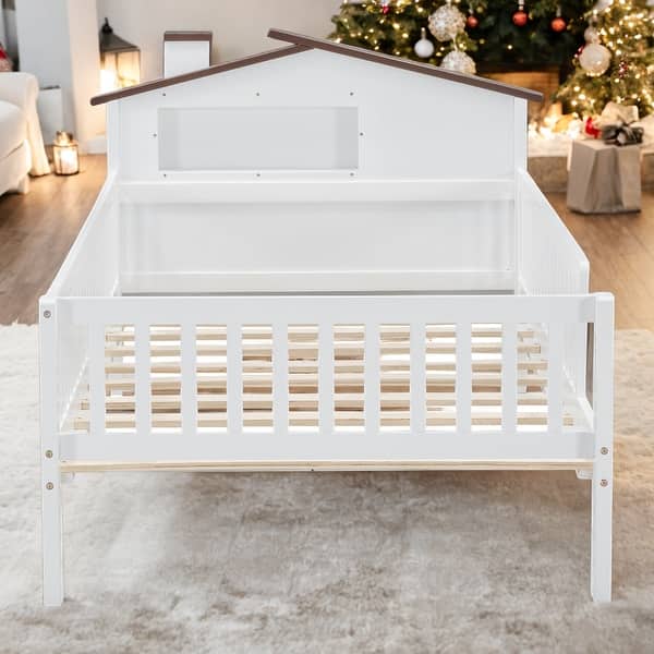 slide 2 of 18, Twin Size Wood Platform Bed with House-shaped Headboard, LED, and Built-in Storage, White