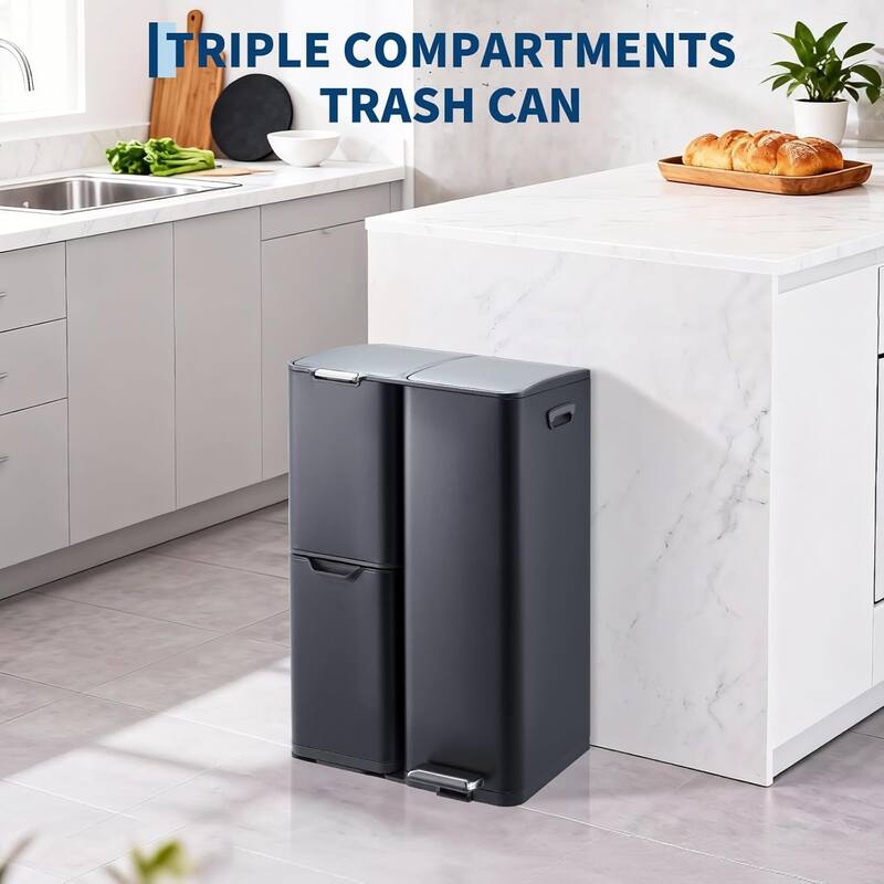 16-Gallon Stainless Steel Triple Recycling Bin 3 Removable Buckets Sliver