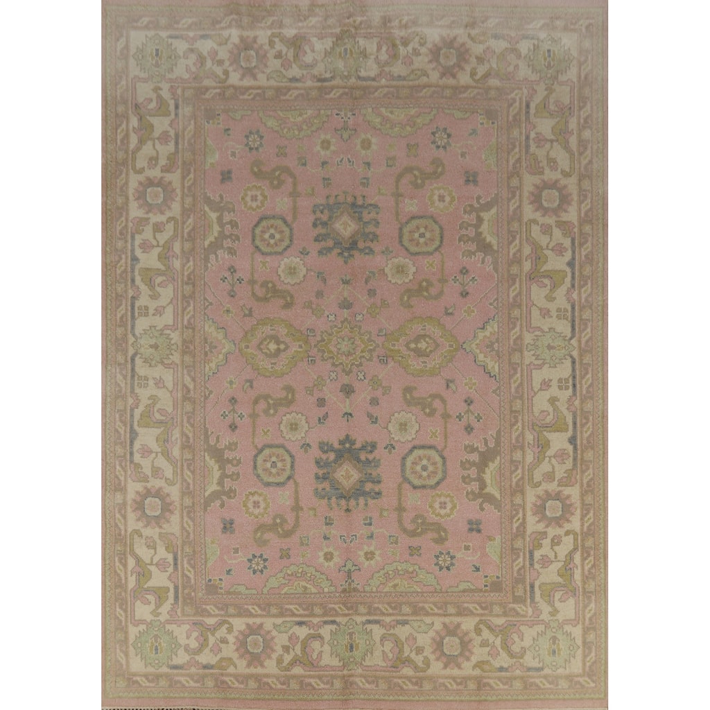 Pink Oushak Indian Area Rug Handmade Floral Wool Carpet - 7'10" x 10'1"