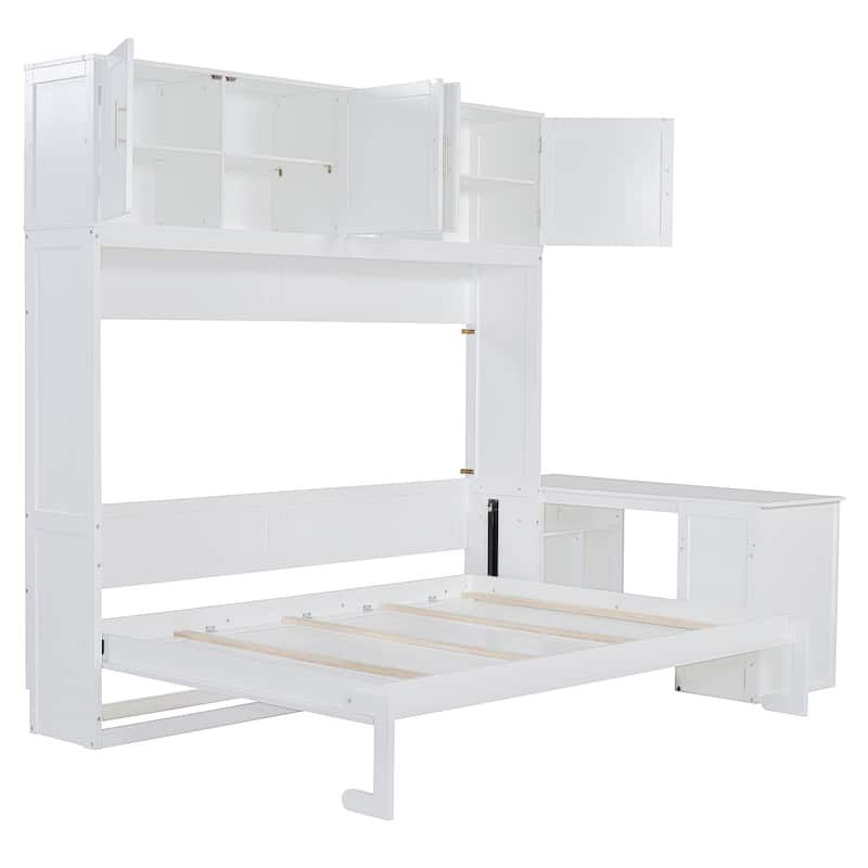 Queen Size Murphy Bed with Storage Shelves and 2 Storage Cabinets, Wooden Foldable Wall Bed Frame with Desk & Hydraulic Lift
