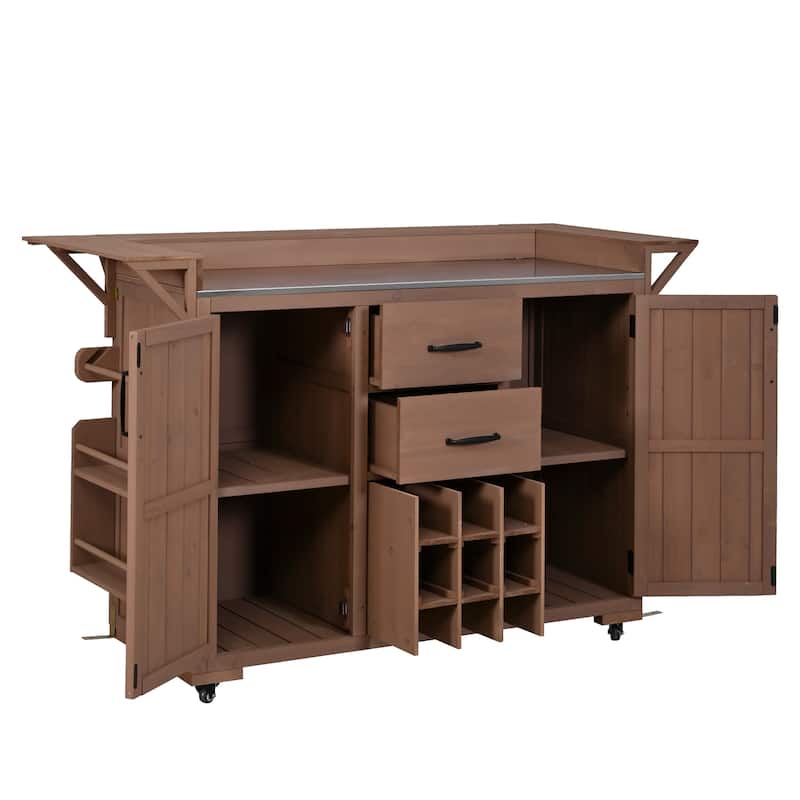 60.2"W Rolling Outdoor Kitchen Island with Wheels and Stainless Steel Top, Wood Grill Cart with Spice Rack&Wine Rack