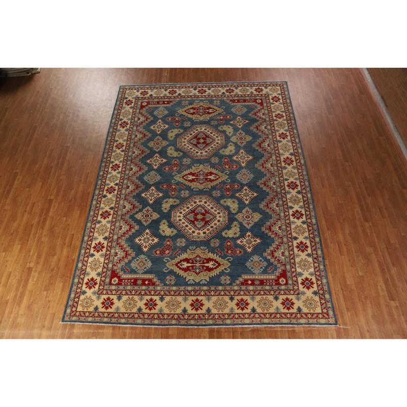 Hand Knotted Oriental 100% Wool Carpet Traditional Geometric Navy Blue & Blues Kazak Area Rug - 13' 7'' X 9' 10''