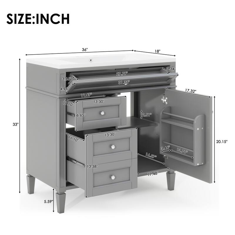 30''/36'' Bathroom Vanity with Top Sink, Modern Bathroom Storage Cabinet with 2 Drawers, a Tip-out Drawer & Adjustable Shelf