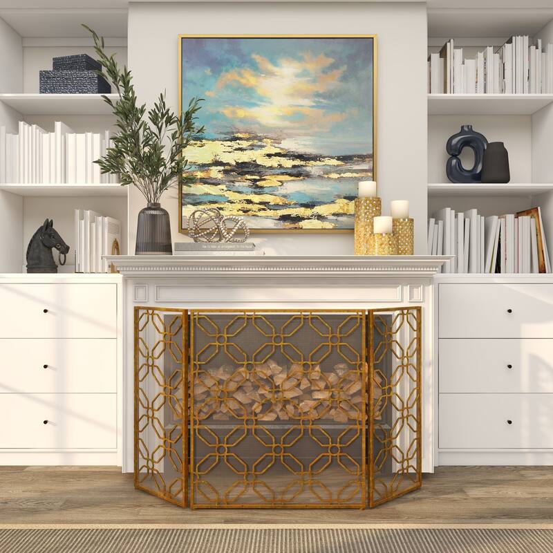 Gold Metal Foldable Mesh Netting 3 Panel Geometric Fireplace Screen