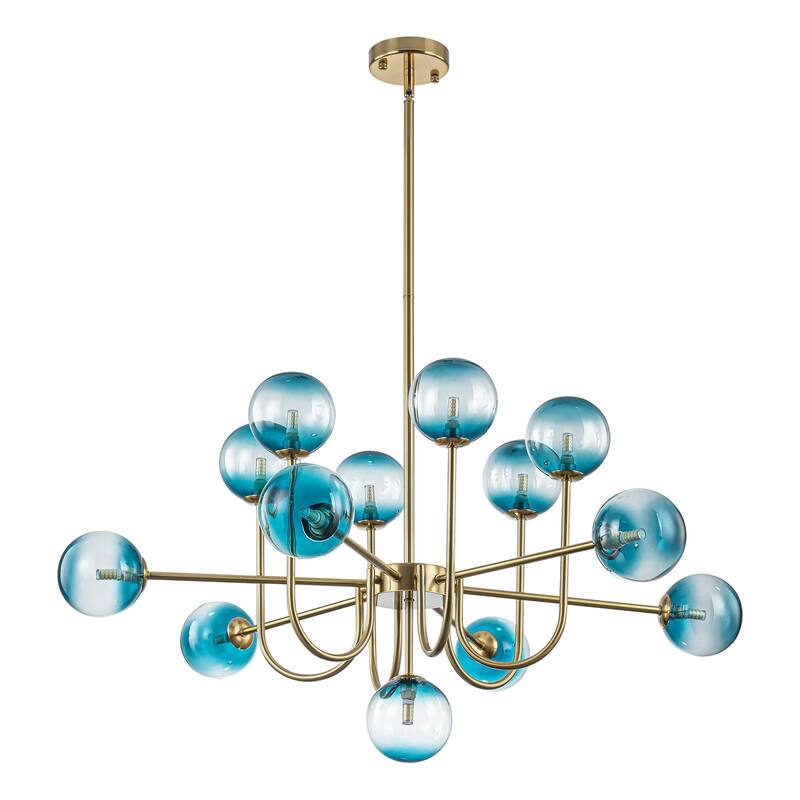 13-Light Mid-Century Modern Gold/Black Linear Sputnik Gradient Blue Glass Globe Bubble Chandelier for Living Room