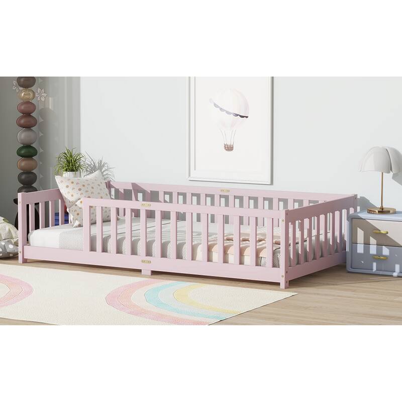 Roomfitters Twin Rubber Wood Floor Bed with Fence, Safety Guardrails, Low Profile Platform Design