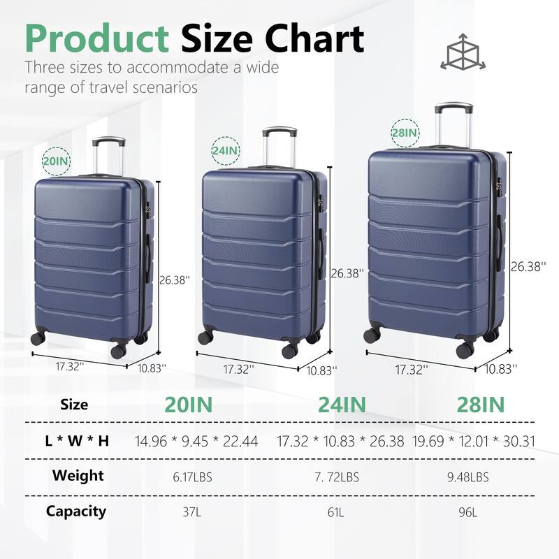 3 Piece Luggage Sets, Hard Case Expand Luggage with Rotating Wheels, TSA Lock and Retractable Handle, Durable Travel Luggage