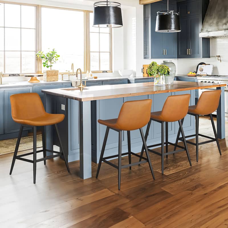 Modern Industrial Counter Stools Faux Leather Upholstered Counter Height Bar tools with Back - Set of 4 - Whiskey Brown-24 in. - Counter Height