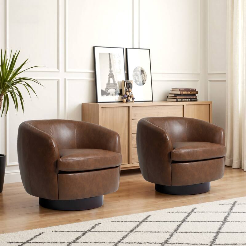 UIXE 2 Set Modern PU Leather Swivel Barrel Chairs Rounded Accent Chair - Brown