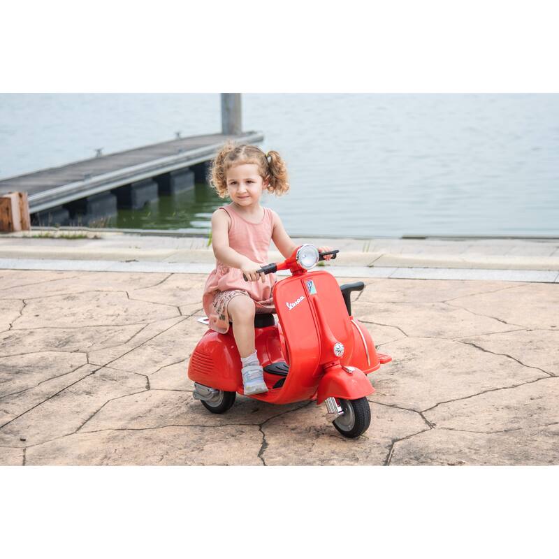 6V Licensed Vespa Scooter Motorcycle with Sidecar for Kids, Dual Seats, Storage, Headlights, and Music 鈥?For Ages 3+ - Red