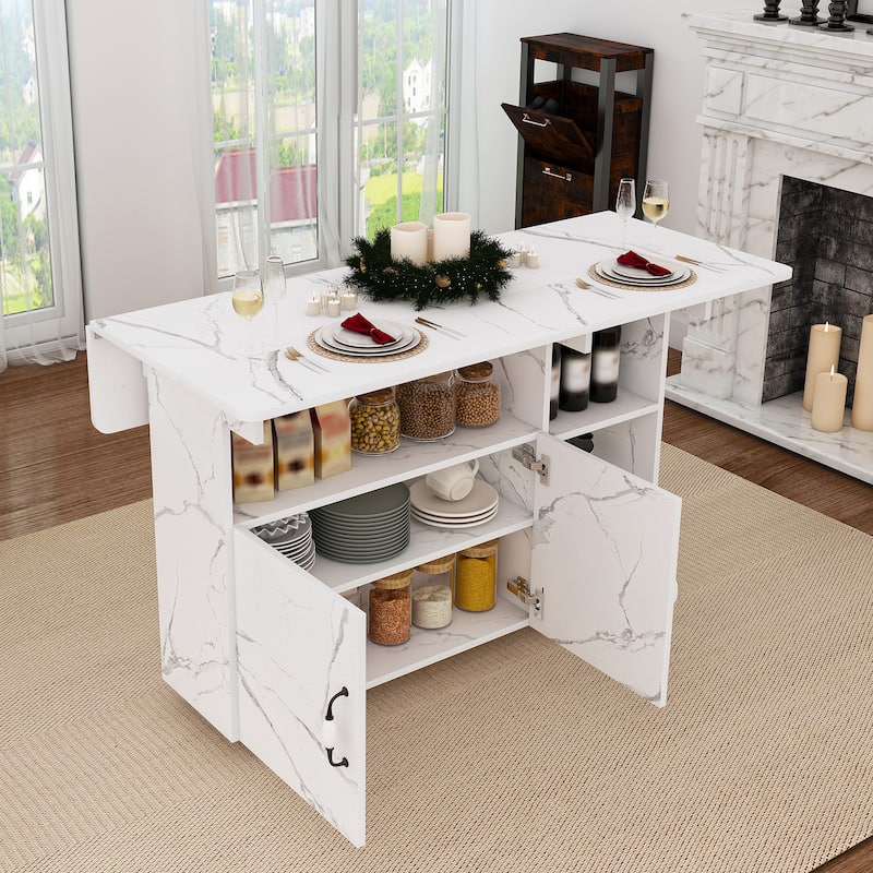 Multi-Functional Folding Table with Storage Shelves and Wheels, 47 Inch Foldable Dining Table for Small Spaces