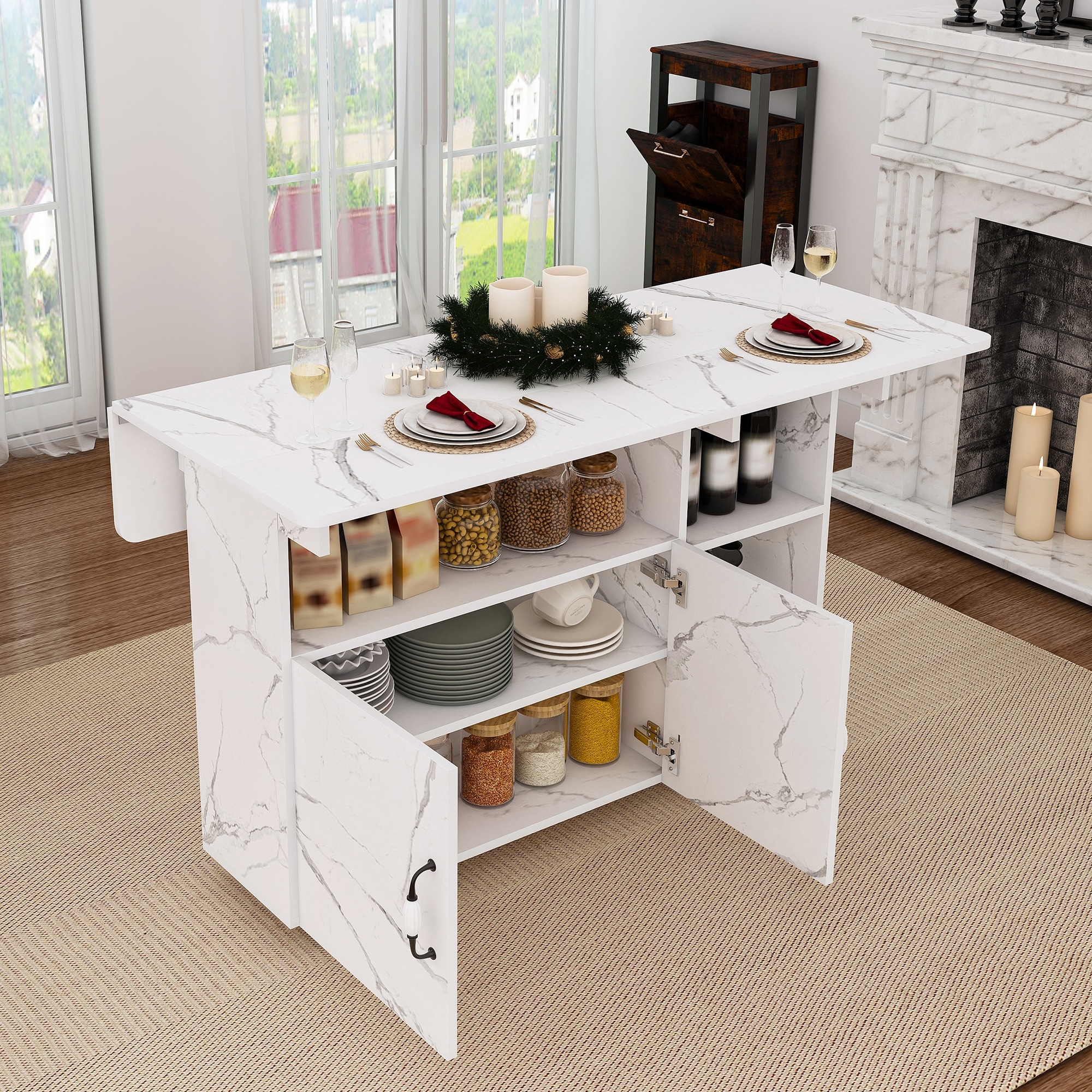 Multi-Functional Folding Table with Storage Shelves and Wheels, 47
