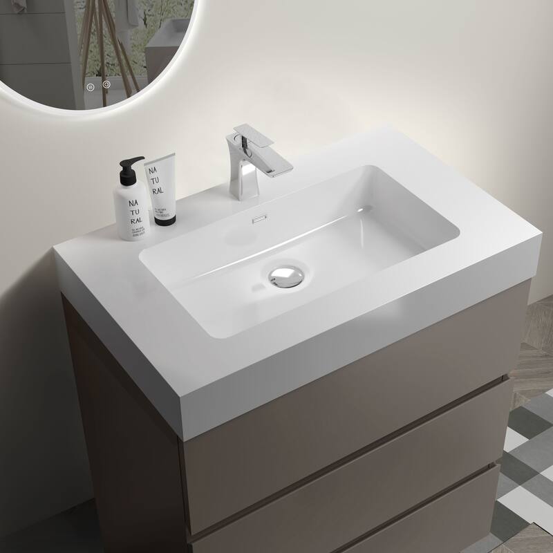 GDFStudio - Alice Walnut Freestanding Bathroom Vanity with One-Piece Matte Black Sink, Modern Handle-Free Design, Pre-Assembled