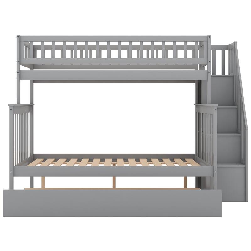 Space-Saving Twin over Full Bunk Bed with Trundle, Staircase & Storage, Gray