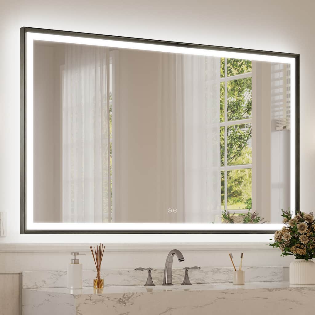 LIVOOSUN Aluminum Anti-fog LED Bathroom Mirror with Dimmable 3-Color Lights and Beveled Frame, Wall Mounted, Memory