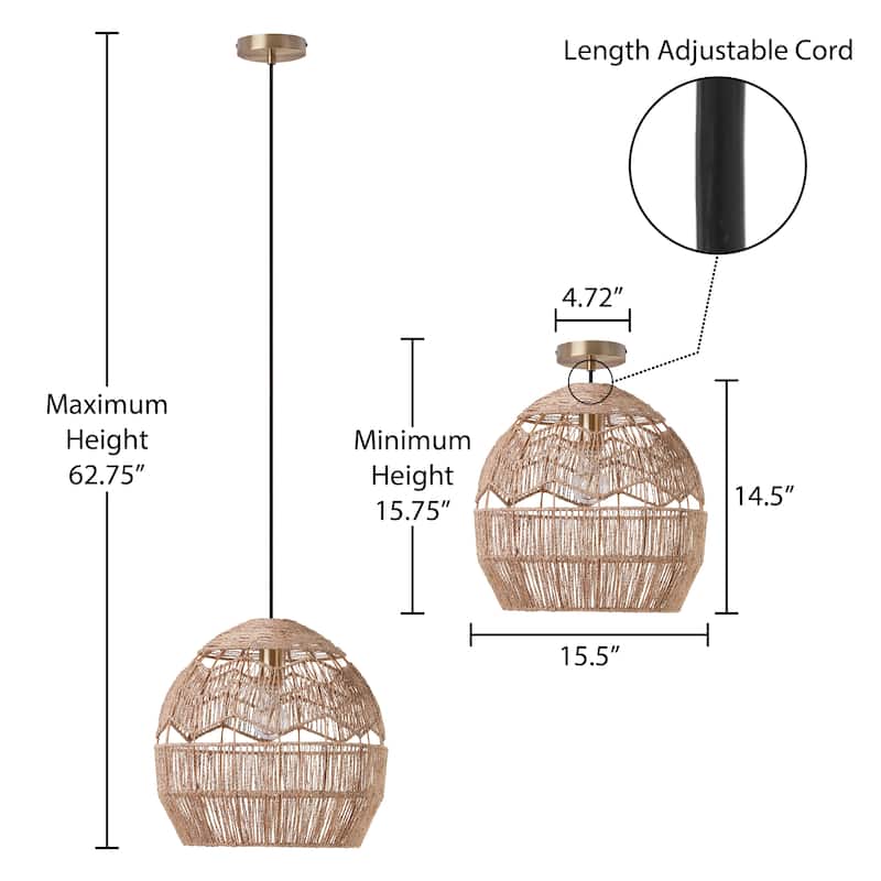 Charlotte River of Goods Metal and Woven Hemp Rope Hanging Pendant Light - 15.5" x 15.5" x 15.75/62.75"