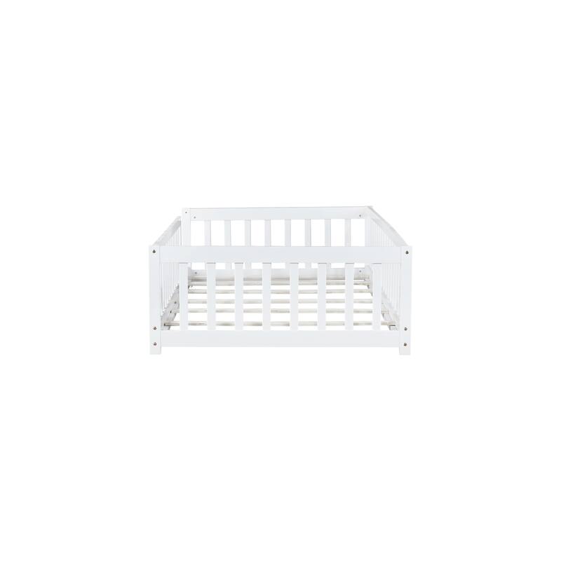 Twin Size Floor Bed with Fence without Door, Rubber Wood Floor Bed with Safety Guardrails
