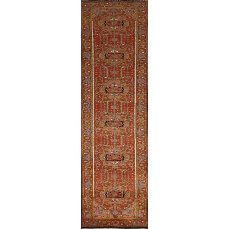 Hand Knotted Oriental 100% Wool Carpet Traditional Geometric Oranges & Rust Heriz (serapi) Runner Rug - 11' 10'' X 2' 6''