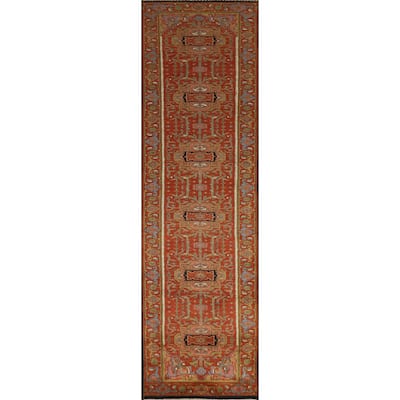 Hand Knotted Oriental 100% Wool Carpet Traditional Geometric Oranges & Rust Heriz (serapi) Runner Rug - 11' 10'' X 2' 6''