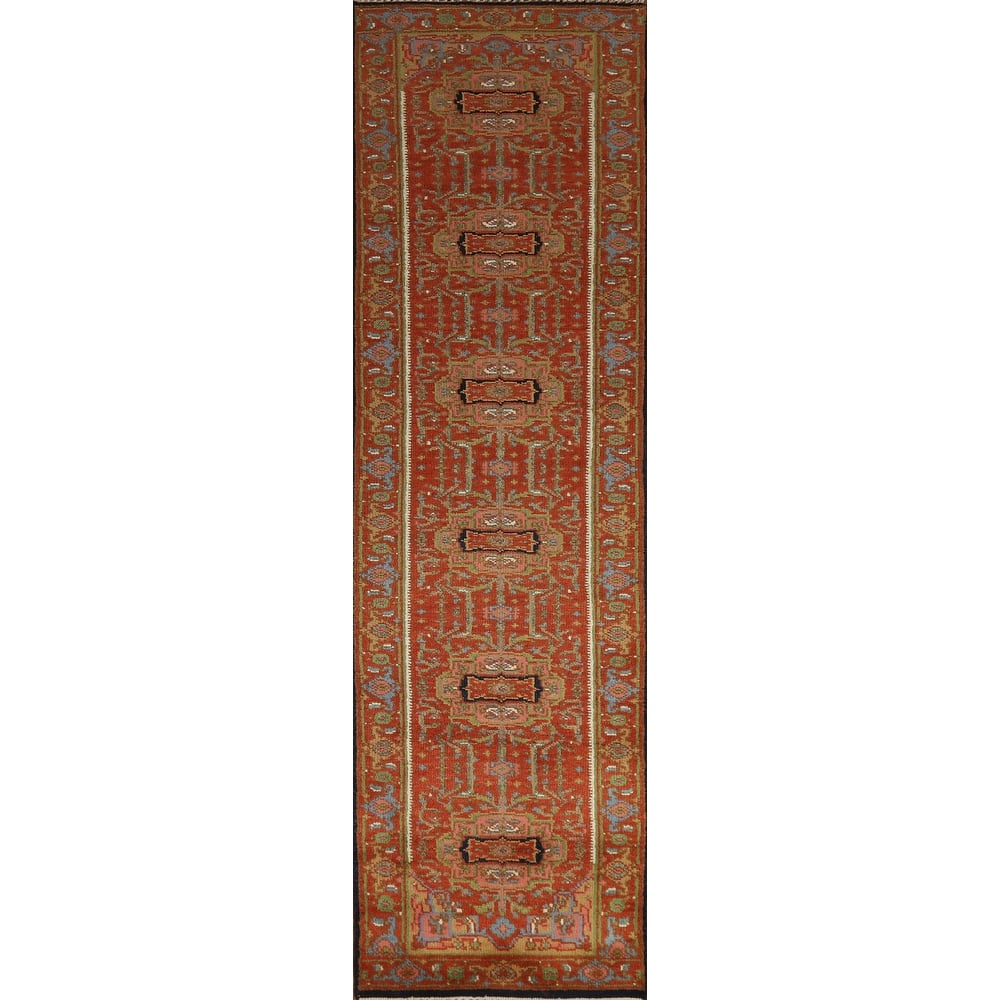 Hand Knotted Oriental 100% Wool Carpet Traditional Geometric Oranges & Rust Heriz (serapi) Runner Rug - 11' 10'' X 2' 6''