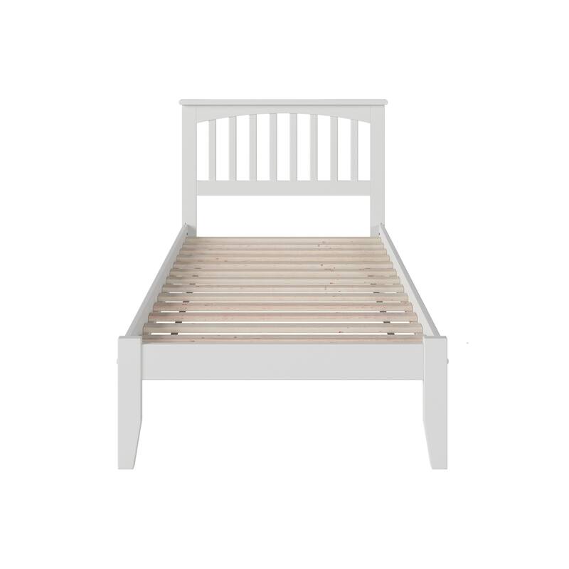 Twin XL Platform Bed - White Finish, Open Footboard, Slats & Decorative Headboard