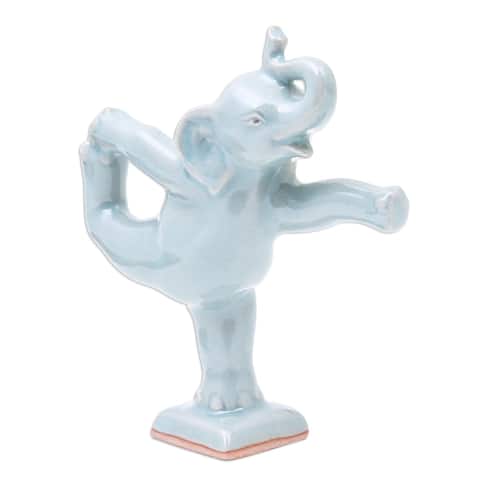 Novica Handmade Elephant Mountain Pose Celadon Ceramic Figurine
