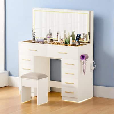46" Glass Top Vanity Desk with Lighted Mirror, 10 Drawers, Power Outlet, USB Port & Stool, White Makeup Table for Bedroom
