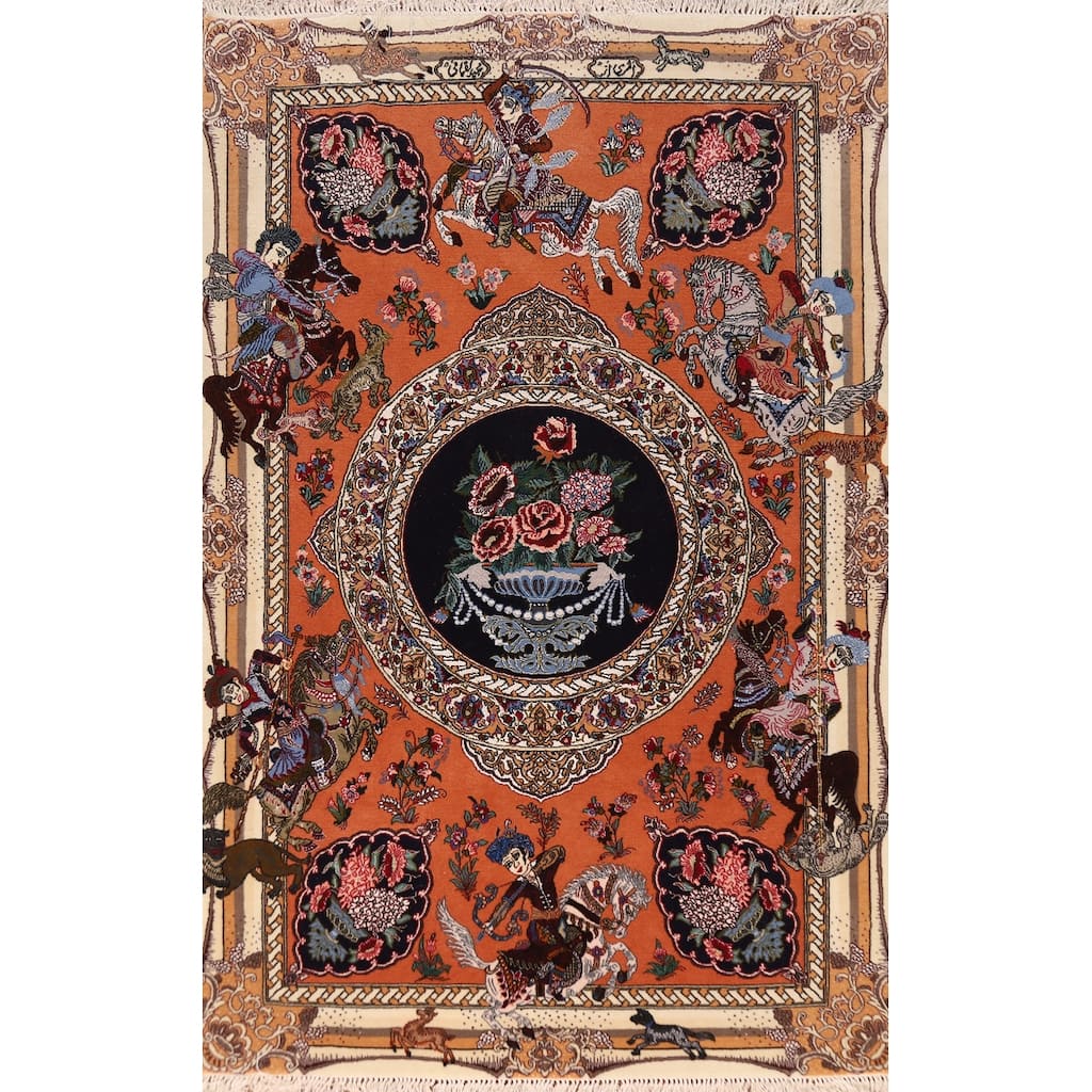 Vegetable Dye Animals Wool & Silk Isfahan Persian Rug - 3'7"x 5'5"