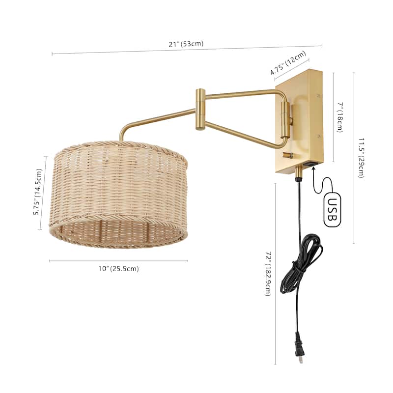SAFAVIEH Lighting Bramley Wall Sconce (Set of 2) - Brass/Natural Rattan - 10"W x 21"D x 12"H