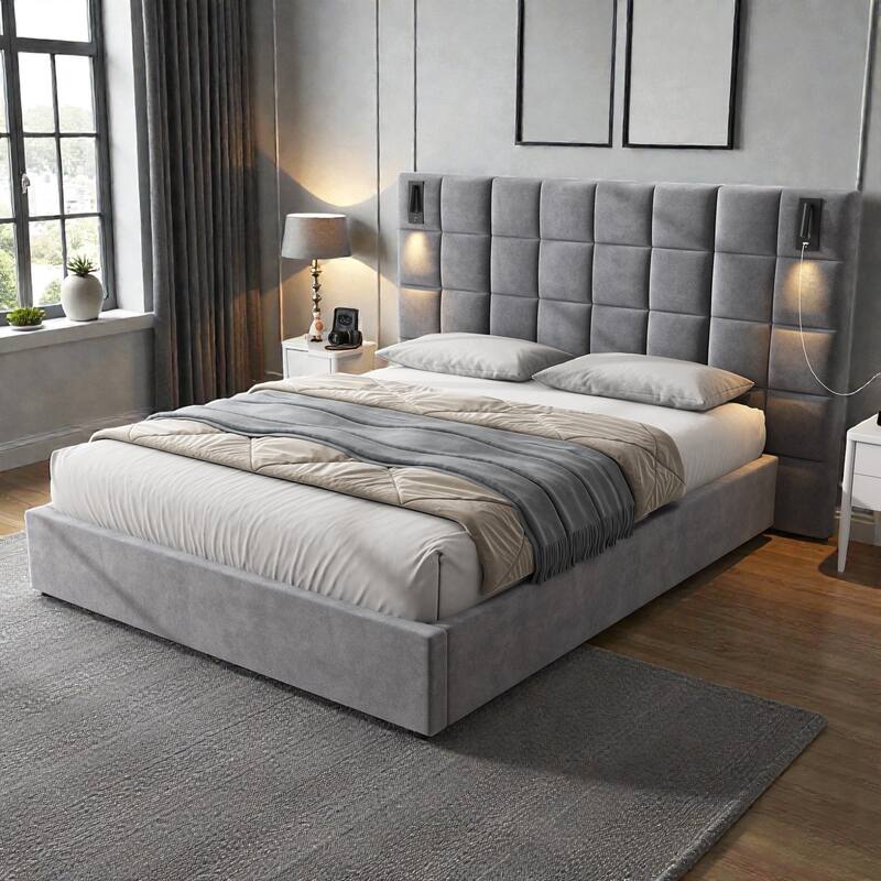 Velvet Upholstered Bed Frame with Wide Headboard, Wall Sconce with USB Port, No Box Spring Needed