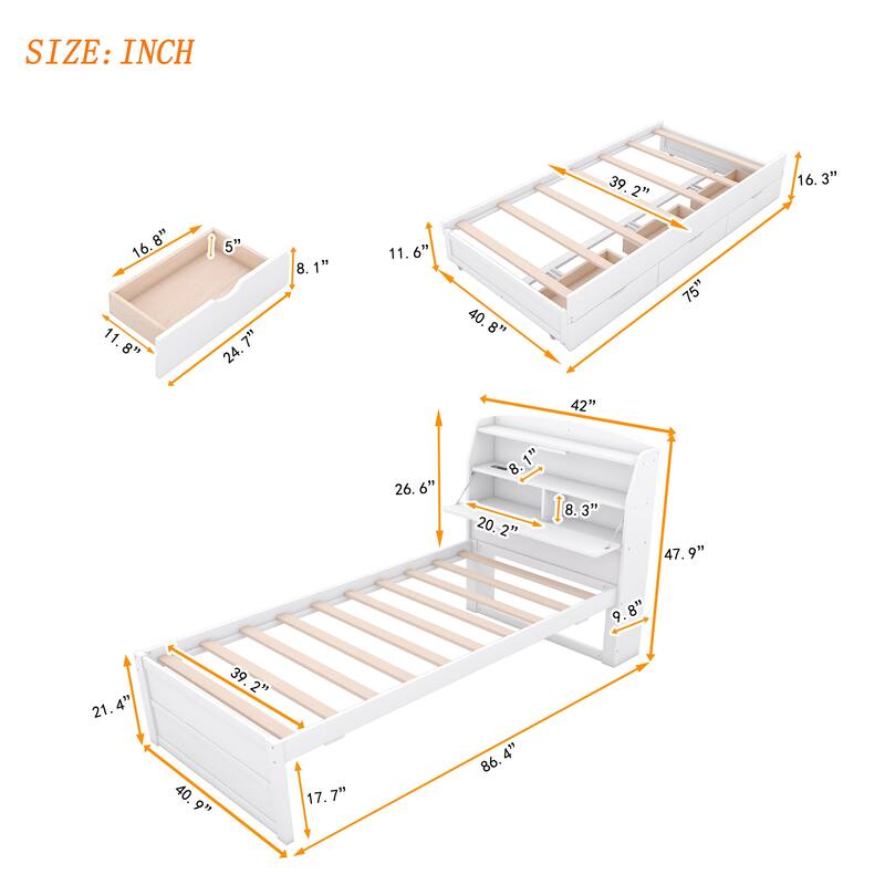 Twin Size Wooden LED Bed with Trundle and Storage Headboard