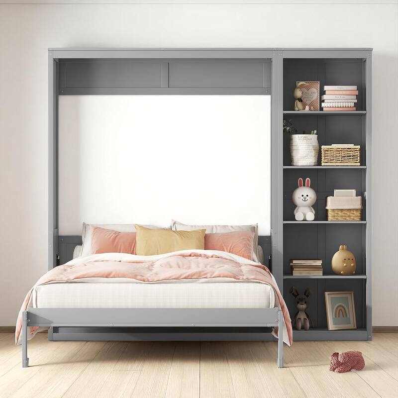 Full/Queen Size Murphy Wall Bed with Shelves, Foldable Cabinet Bed with Storage, Plywood MDF Frame
