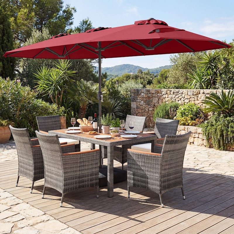 Gymax 8-Piece Patio Dining Set w/ Double-Sided Market Umbrella Acacia