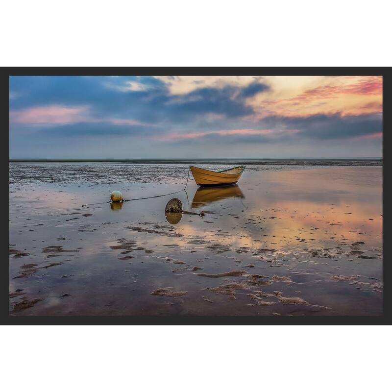 Yellow Dory Boat Waiting for High Tide Reflection Photography by Wayne Collamore Framed Poster - 24 x 36 Inch