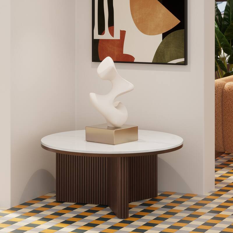 35" Round Coffee Table with Sintered Stone Top and Vertical-Groove Column Base for Living Room - White