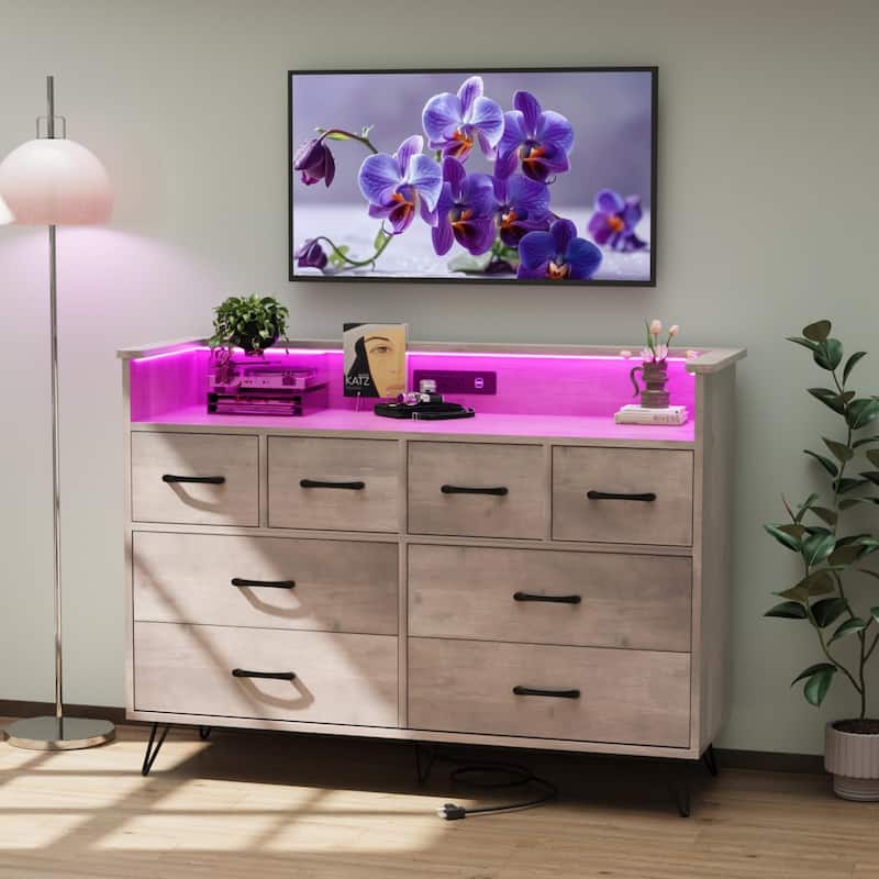 8 Drawer Dresser for Bedroom with LED Light, Charging Station & Open Shelf