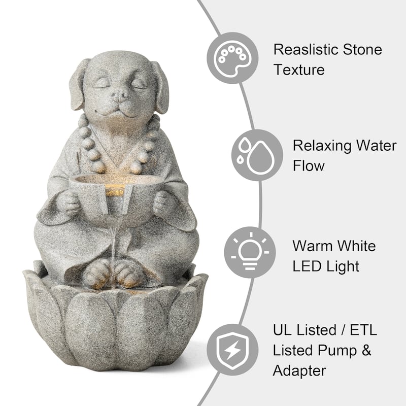 Glitzhome 21.75"H 2-Tiered Zen-Style Polyresin Cat Dog Statue Outdoor Fountain with LED Lights