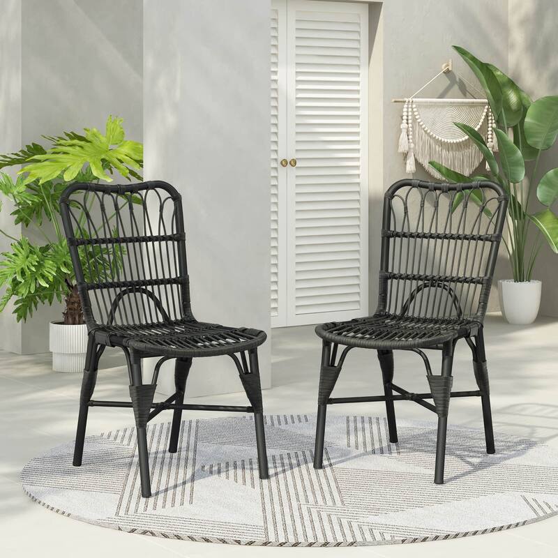 Set of 2 Outdoor PE Wicker and Iron Frame Dining Chairs, No Assembly - Black/Grey