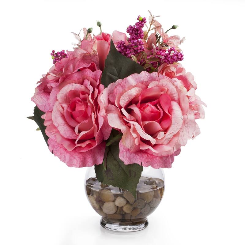 Enova Home Mixed Artificial Silk Roses Fake Flowers Arrangement in Glass Vase with Faux Water and River Stone for Home Decor - Garnet