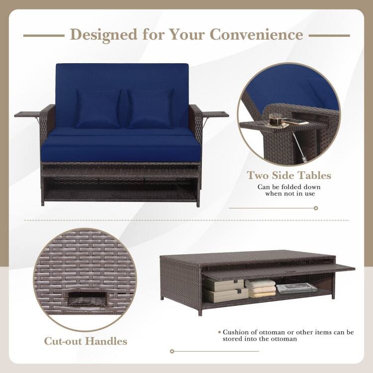 Patio Rattan Daybed with 4-Level Adjustable Backrest and Retractable Side Tray - 31" x 67" x 36"