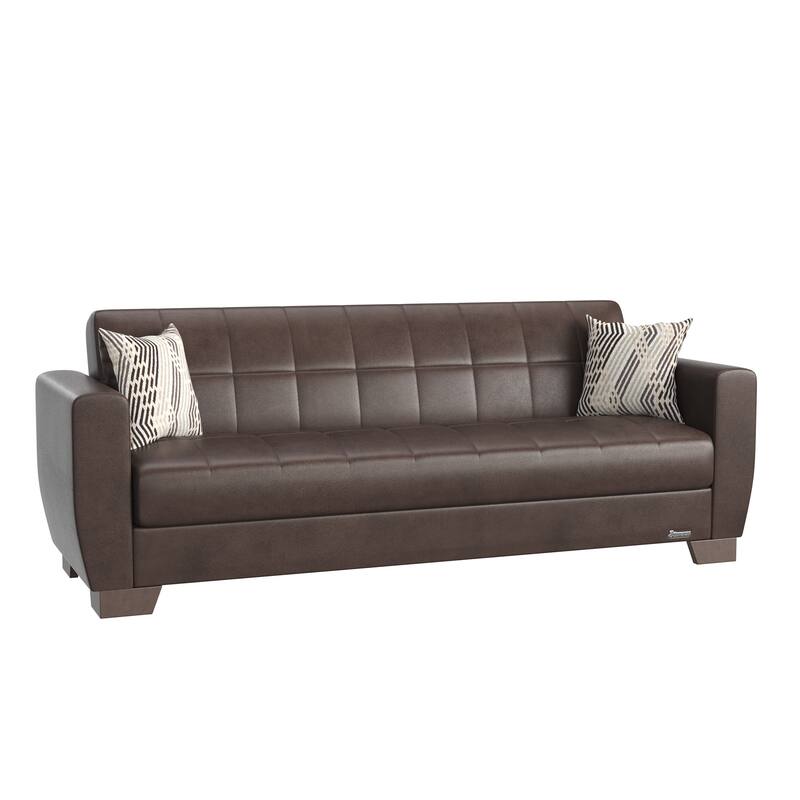 HomeRoots 84" Brown Faux Leather Convertible Futon Sleeper Sofa And Toss Pillows With Storage
