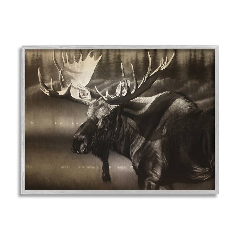 Stupell Rustic Moose in Shadows Deep Forest Portrait Framed Wall Art - Brown - 16 x 20 - Grey