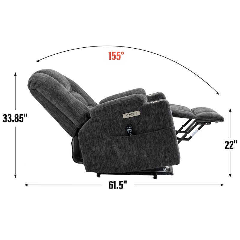 Grey Large Power Lift Recliner Chair with Massage, Heat, Dual USB Ports, Type C Charging, and Cup Holders