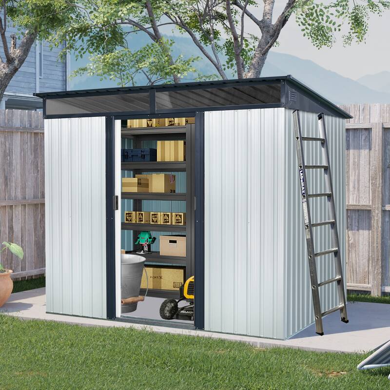 8ft x 6ft Outdoor Metal Storage with Lockable Sliding Doors and Transparent plate for Garden, Lawn - White+Black