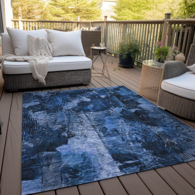 Machine Washable Indoor/ Outdoor Foilage Chantille Rug - Navy - 3' x 5'
